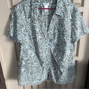 Liz Co. SzW3X Short Sleeves Cotton Aqua/Blk Graphic Print  Button Front Collar